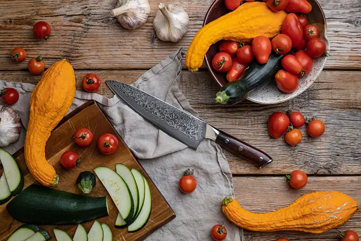 Damascus Steel Chef's Knife Vegetables